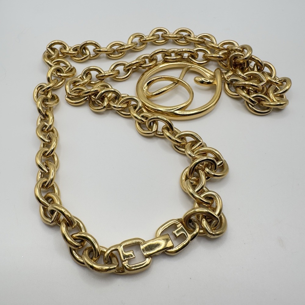 Vintage Givenchy Necklace Long Gold Tone Chain "G" Pendant Runway Modernist 70s - Picture 8 of 16